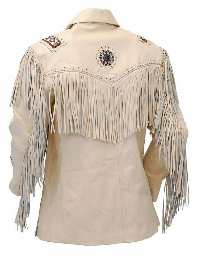 Western Beige Fringe Beaded Leather Jacket Cowboy Jacket WJ501