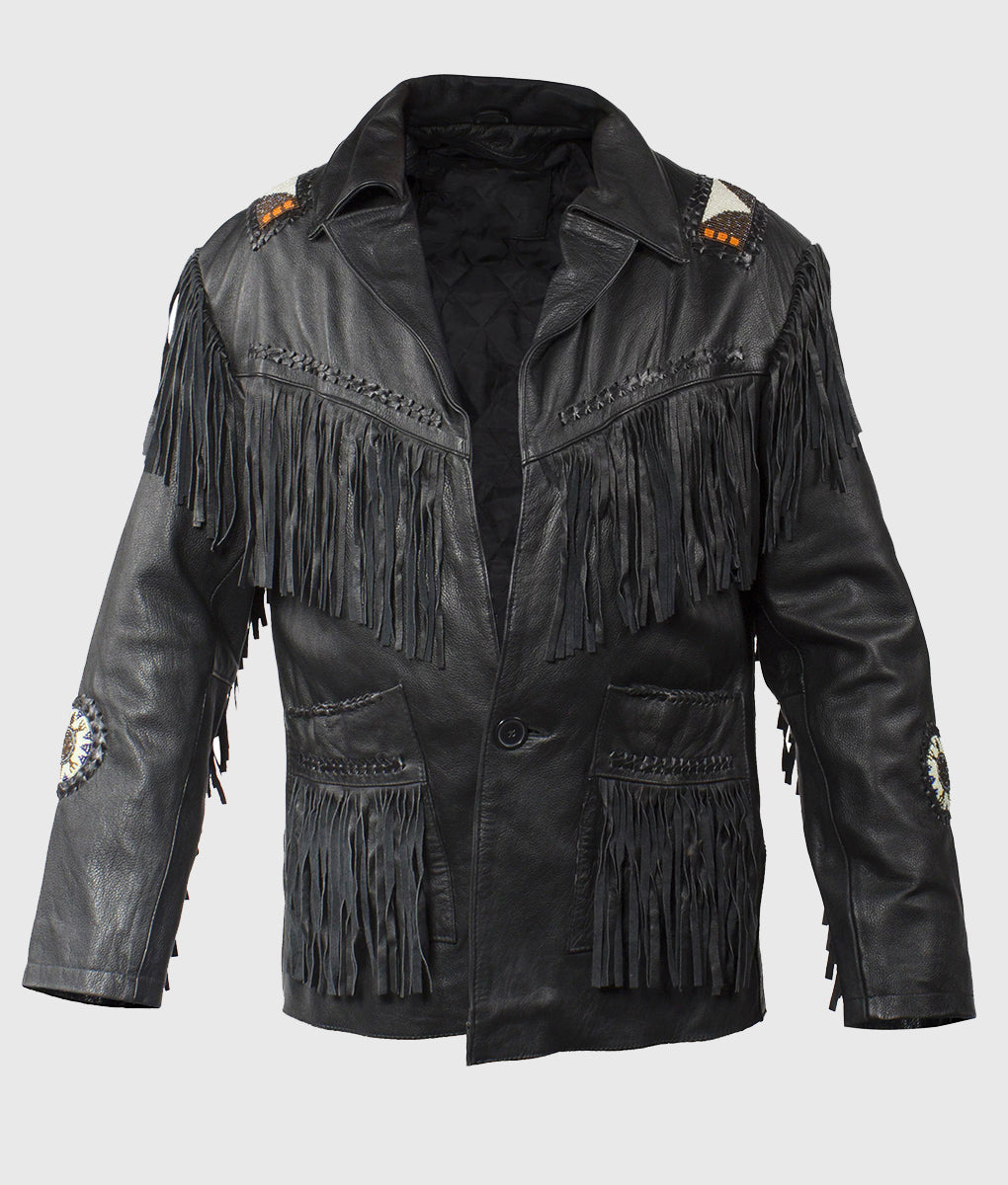 Western Black Leather Fringe Beaded Jacket Cowboy Jacket LWJ361