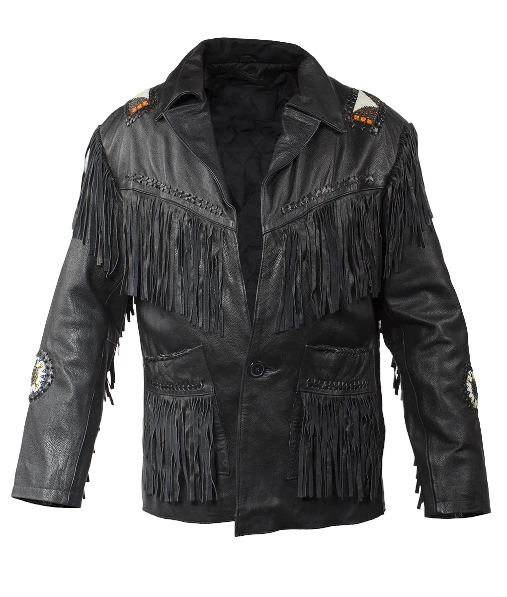 Western Black Leather Fringe Beaded Jacket Cowboy Jacket LWJ361