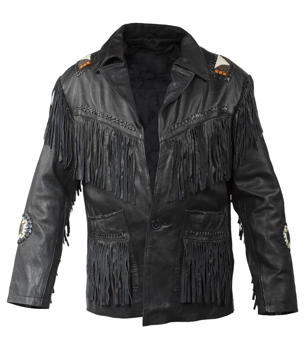 Black leather jacket with fringes and embroidery on a white background