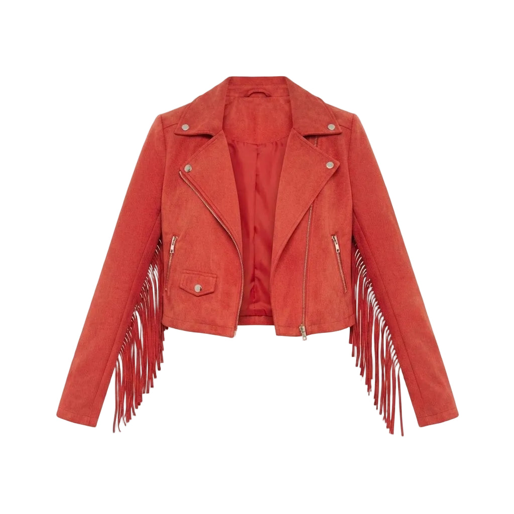 A RED LEATHER JACKET WITH FRINGES ON WHITE BACKGROUND