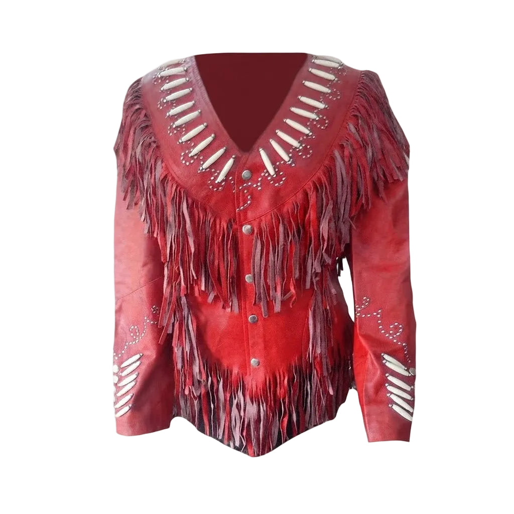 RED LEATHER JACKET WITH FRINGES ON WHITE BACKGROUND