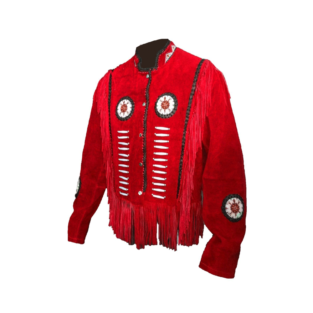 Western Red Suede Leather Fringe Beaded Jacket Cowboy Jacket LWJ6520