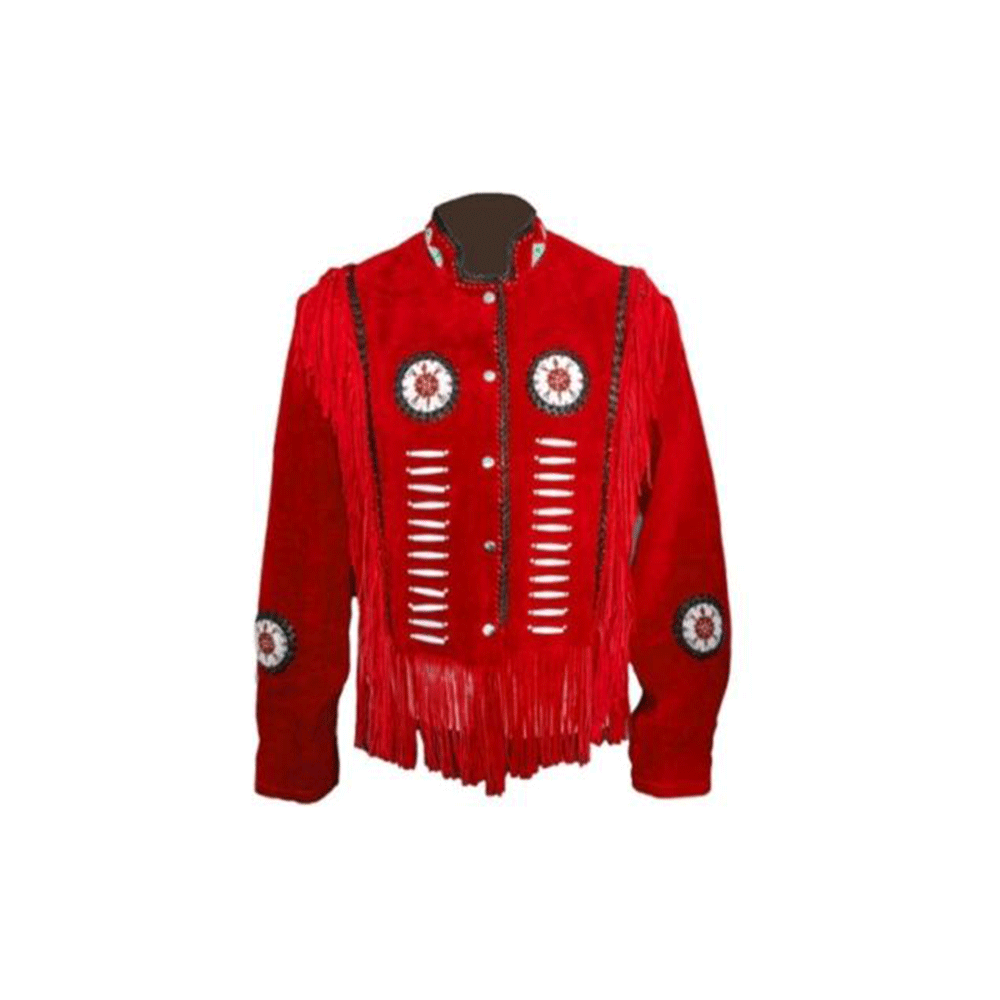 Western Red Suede Leather Fringe Beaded Jacket Cowboy Jacket LWJ6520