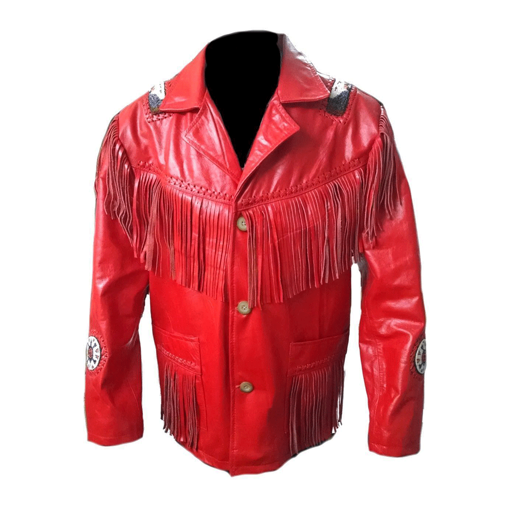 Western Red Leather Fringe Beaded Jacket Cowboy jacket LWJ6510