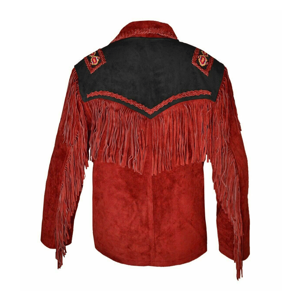 Western Red Suede Leather Fringe Beaded Jacket Cowboy Jacket LWJ6600