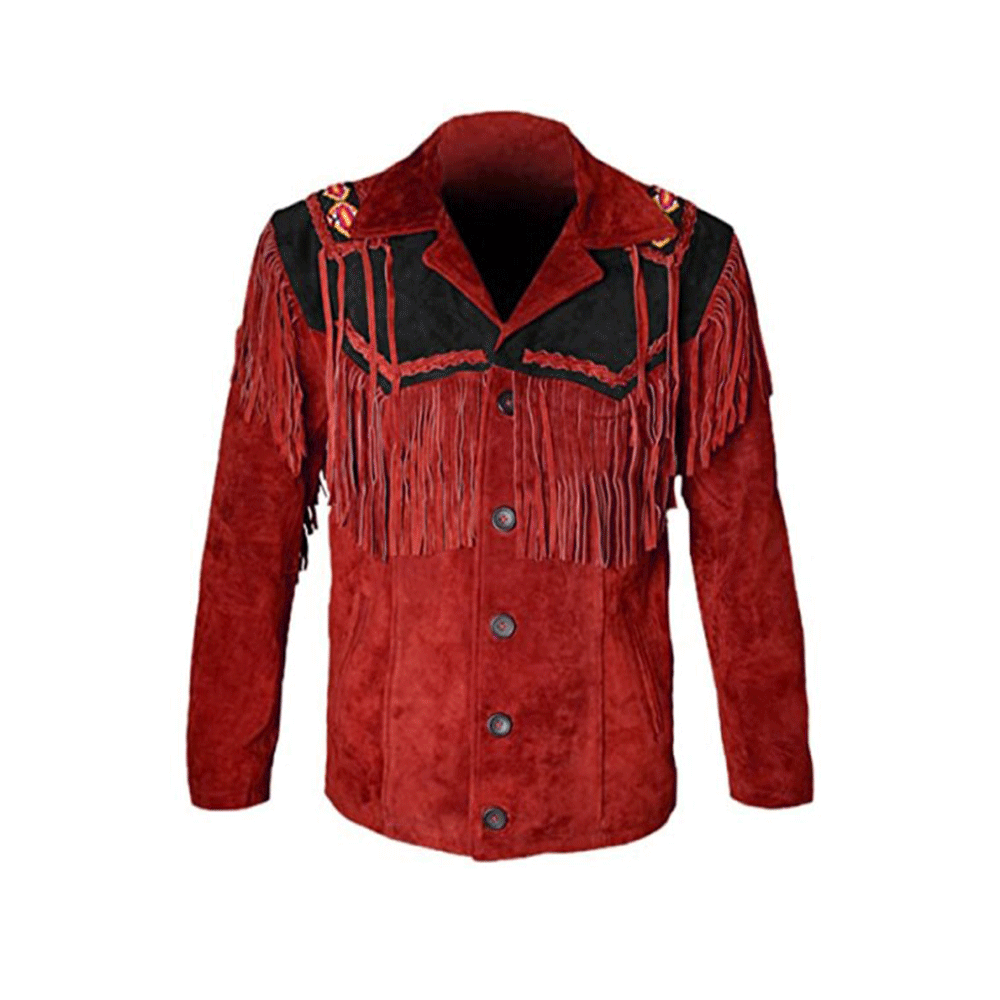Western Red Suede Leather Fringe Beaded Jacket Cowboy Jacket LWJ6540