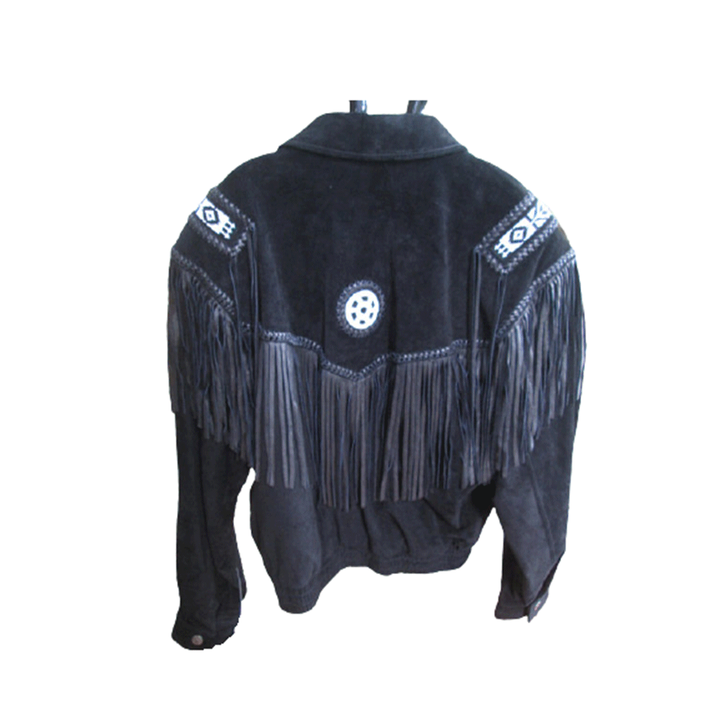 Western Black Fringe Beaded Suede Leather Jacket Cowboy Jacket LWJ3780