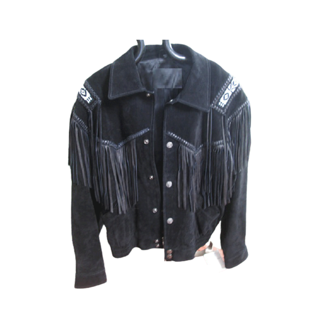 Western Black Fringe Beaded Suede Leather Jacket Cowboy Jacket LWJ3780