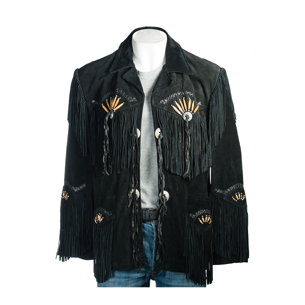 Western Black Fringe Bone Suede Leather Jacket Cowboy Jacket LWJ4020