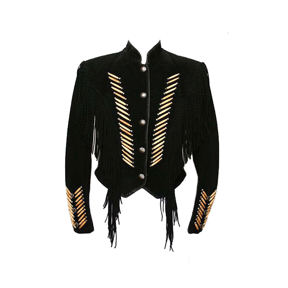 Western Black Fringe Bone Suede Leather Jacket Cowboy LWJ4030