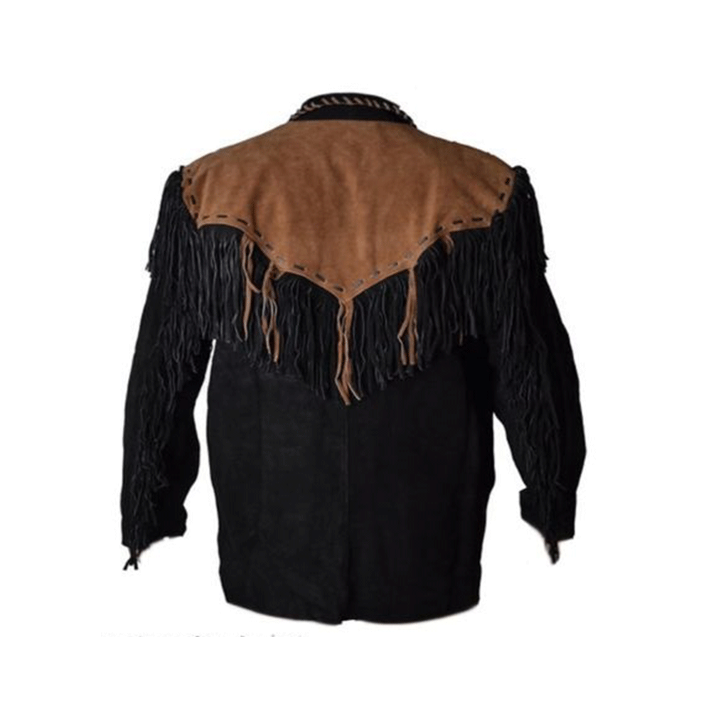 Western Black Fringe Beaded Suede Leather Jacket Cowboy Jacket LWJ3810