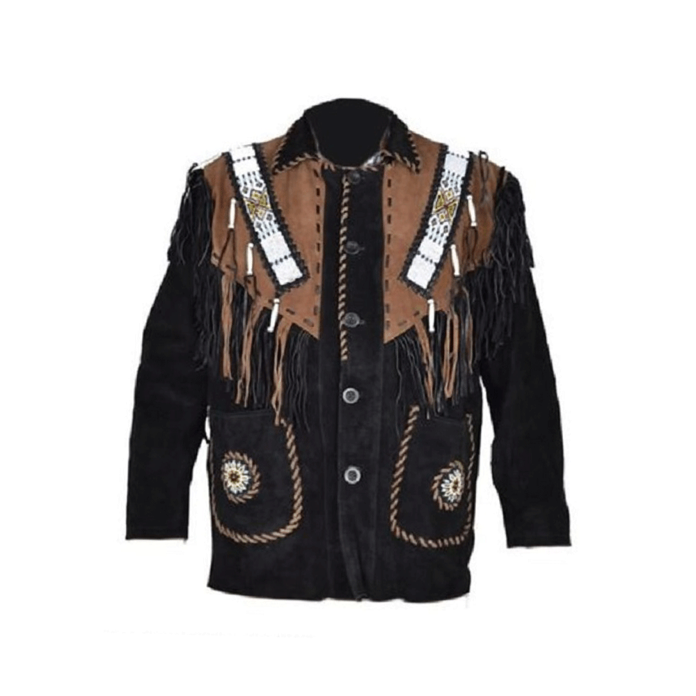Western Black Suede Leather Fringe Beaded Jacket Cowboy Jacket LWJ382