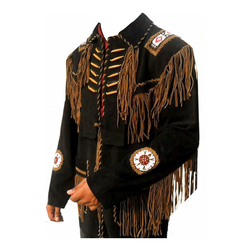 Western Black Fringe Beaded Suede Leather Jacket Cowboy Jacket LWJ3870