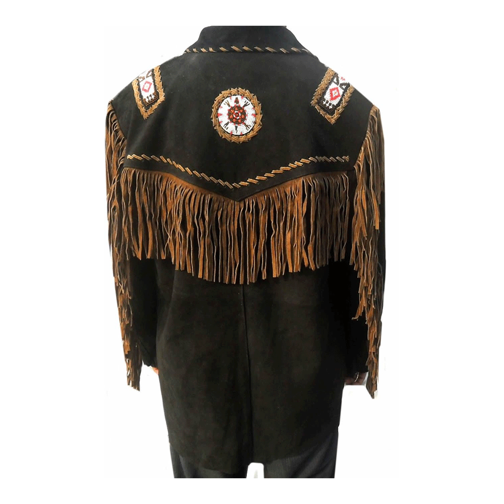 Western Black Fringe Beaded Suede Leather Jacket Cowboy Jacket LWJ3870