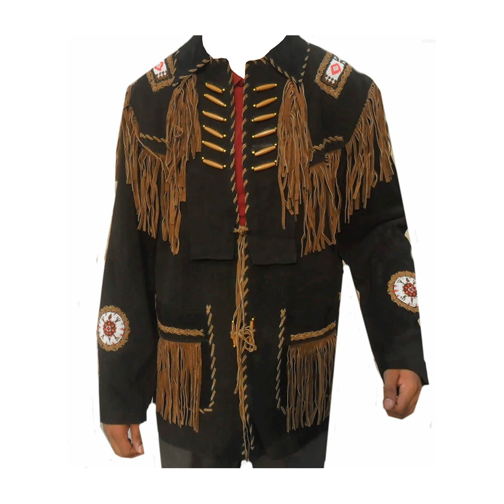 Western Black Fringe Beaded Suede Leather Jacket Cowboy Jacket LWJ3870