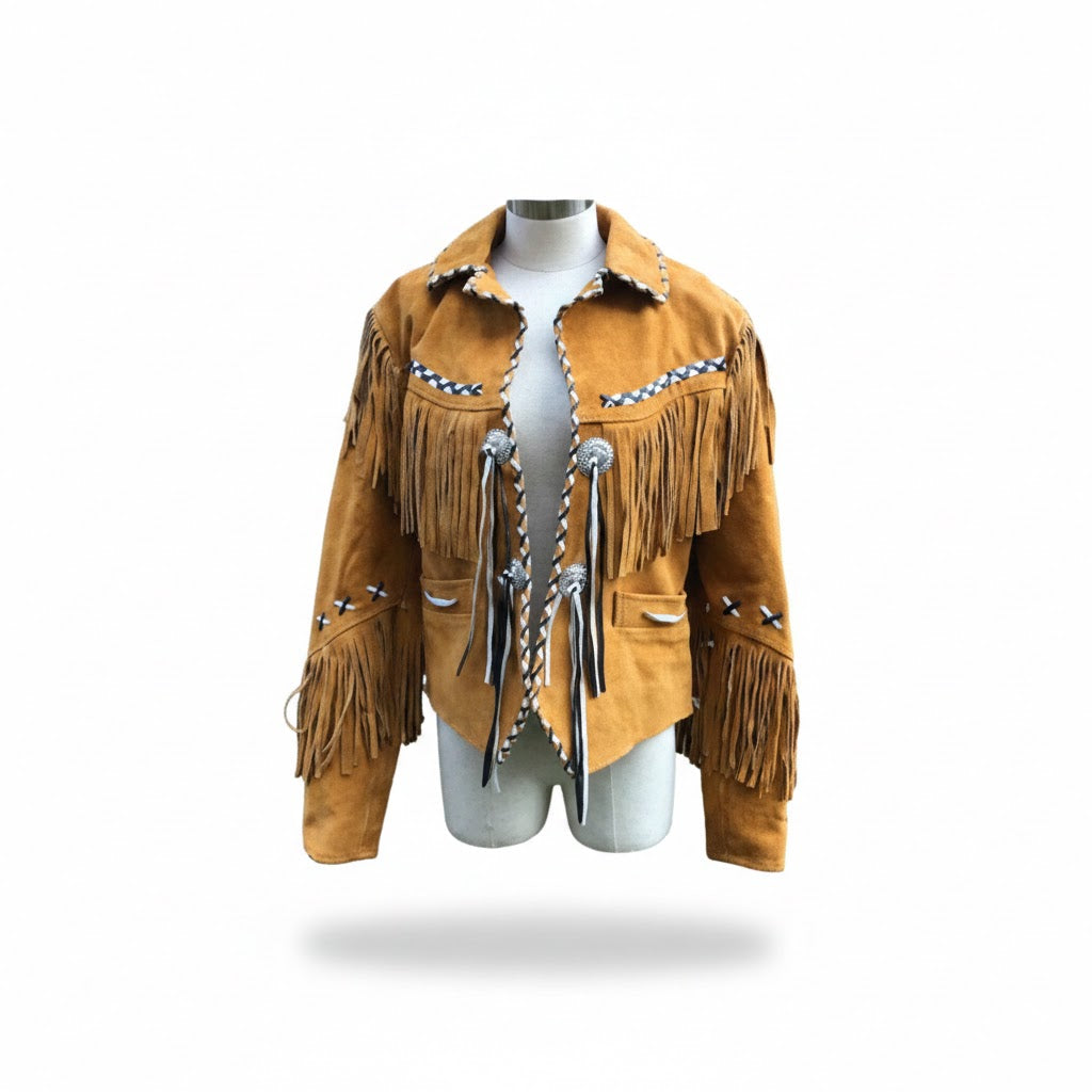 Tan suede jacket with fringes and silver accents on a mannequin against a white background
