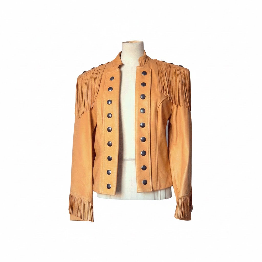 Tan leather jacket with fringes and buttons on a mannequin against a white background