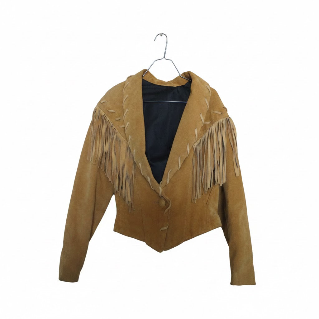 Tan suede jacket with fringes on a hanger against a white background