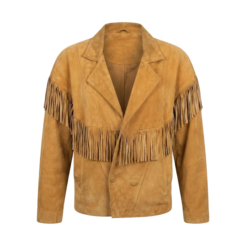 Tan yellow suede jacket with fringe on a white background
