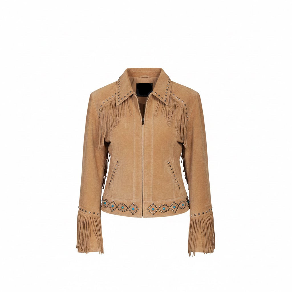 Tan leather jacket with fringe and bead details on a white background