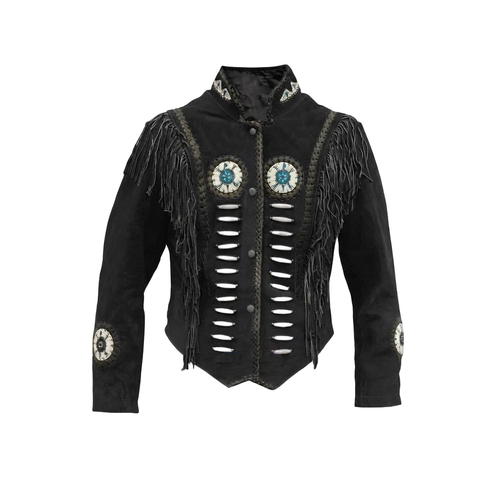 A black fringed western-style jacket with decorative silver-toned buttons, circular embroidered patches, and beadwork on the front and sleeves, shown against a plain white background.