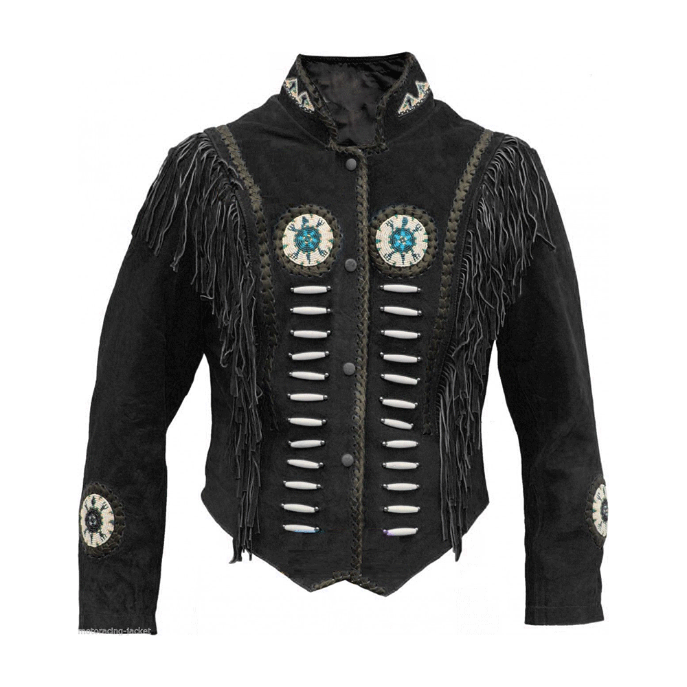 Western Black Fringe Beaded Suede Leather Jacket Cowboy Jacket LWJ3880