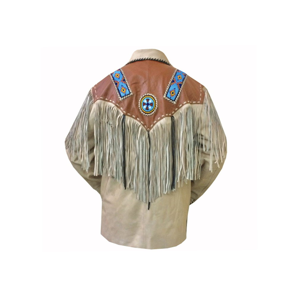 Western Fringe Beaded Beige Leather Jacket Cowboy Jacket LWJ5050