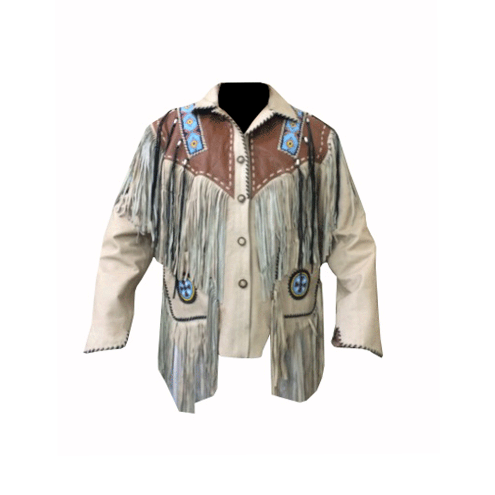 Western Fringe Beaded Beige Leather Jacket Cowboy Jacket LWJ5050