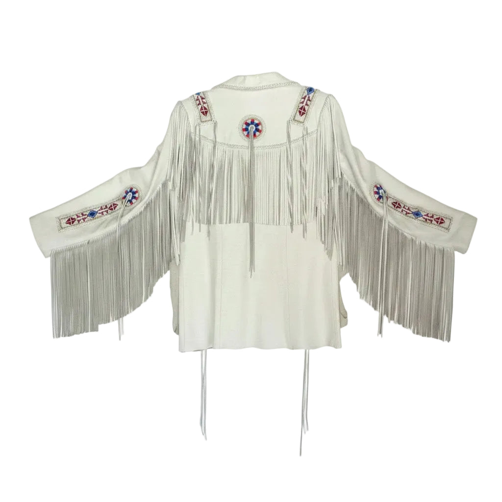 White fringe jacket with embroidered designs on a white background