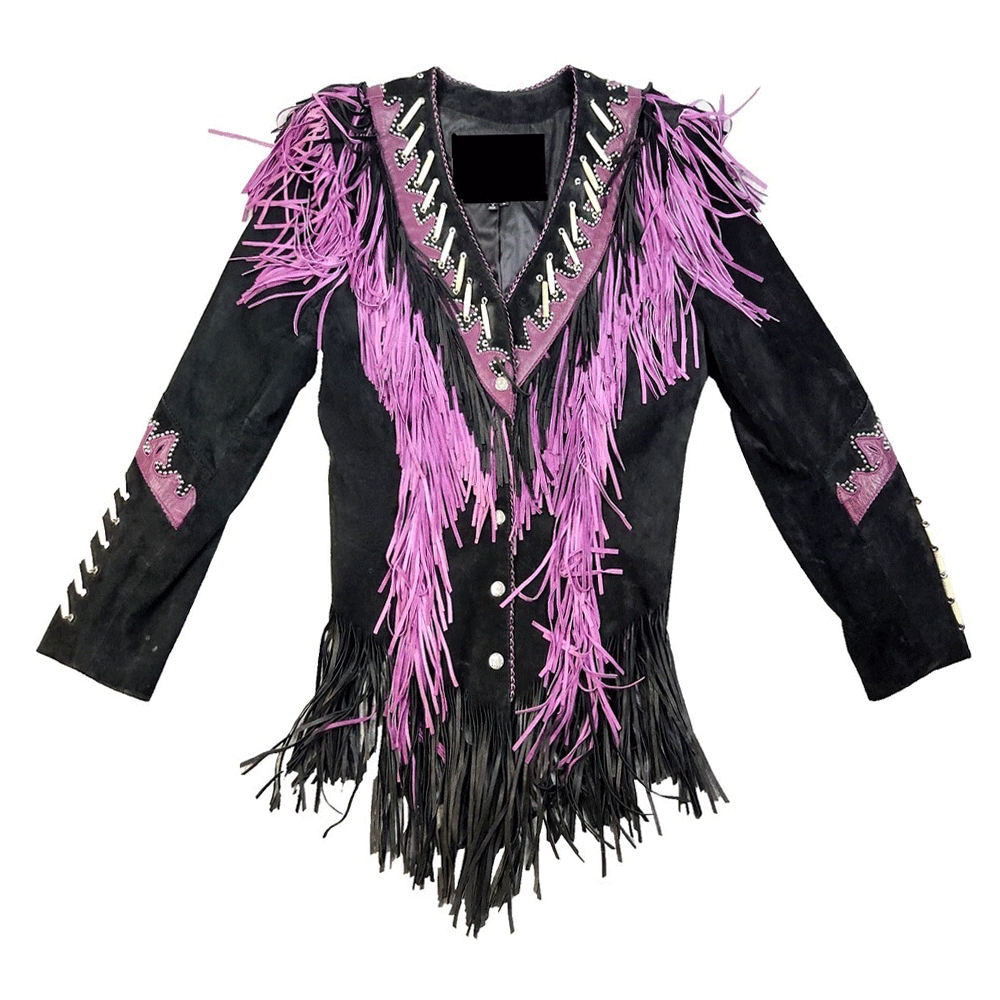 Women’s Black Suede Leather Fringes Bone Jacket Cowgirl Jacket WFJ9023