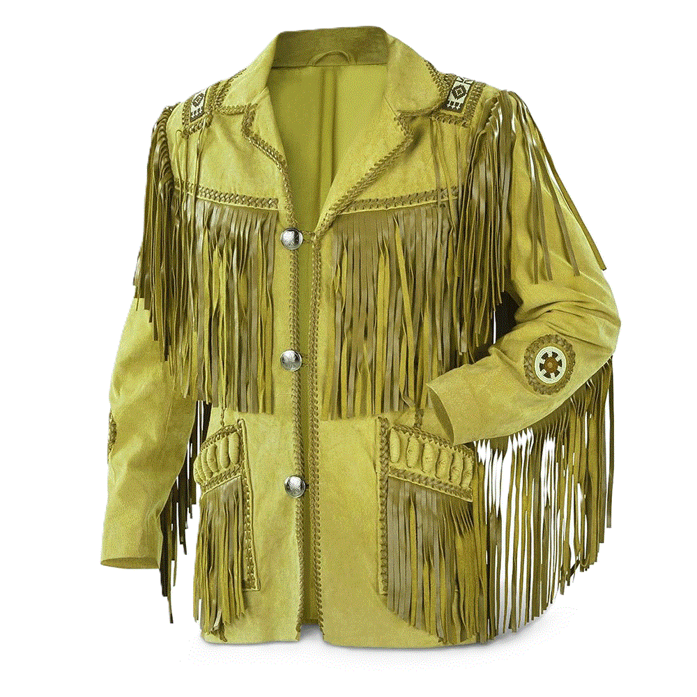 Western Fringe Yellow Leather Beaded Jacket Cowboy Jacket LWJ875