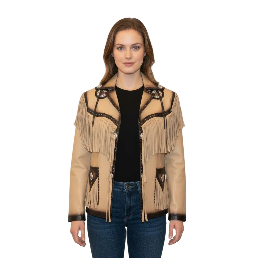 Woman wearing a beige leather jacket with fringe details on a white background