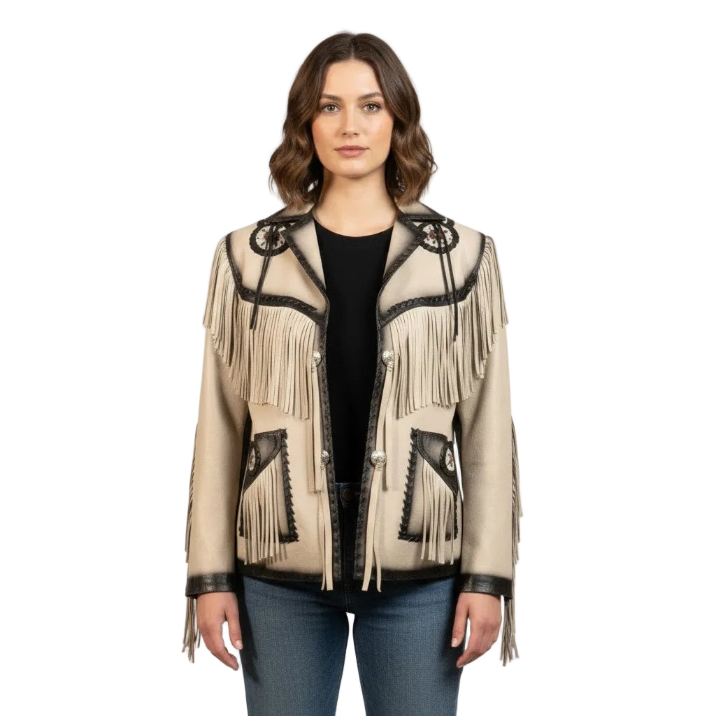 Woman wearing a beige fringed jacket with black accents on a white background