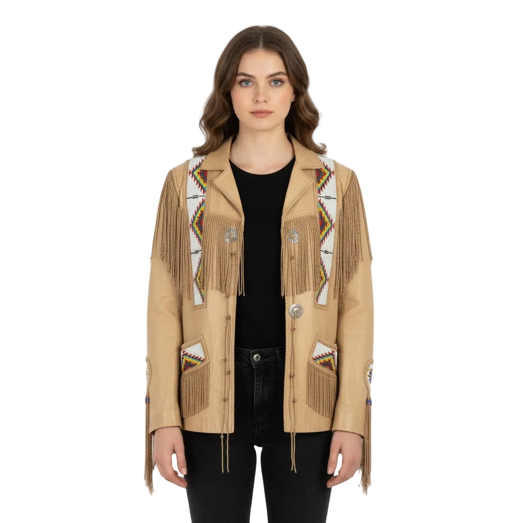 Woman wearing a beige jacket with fringes and patterned shoulder designs on a white background