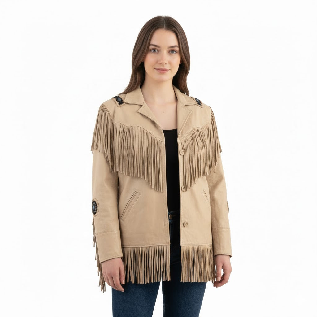 Woman wearing a beige fringed jacket on a white background