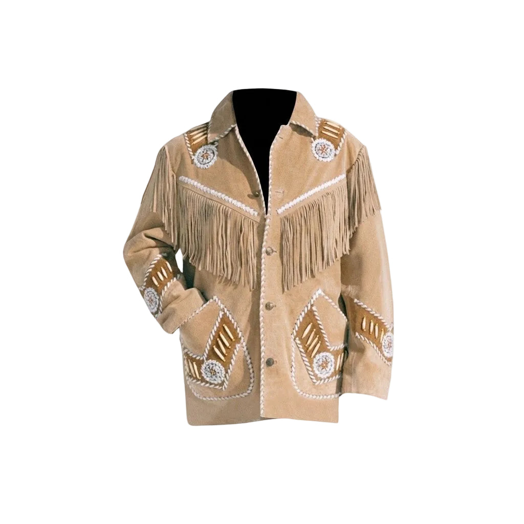 A beige suede fringed jacket with intricate white and brown bead work and embroidery, displayed on a black mannequin torso against a white background.