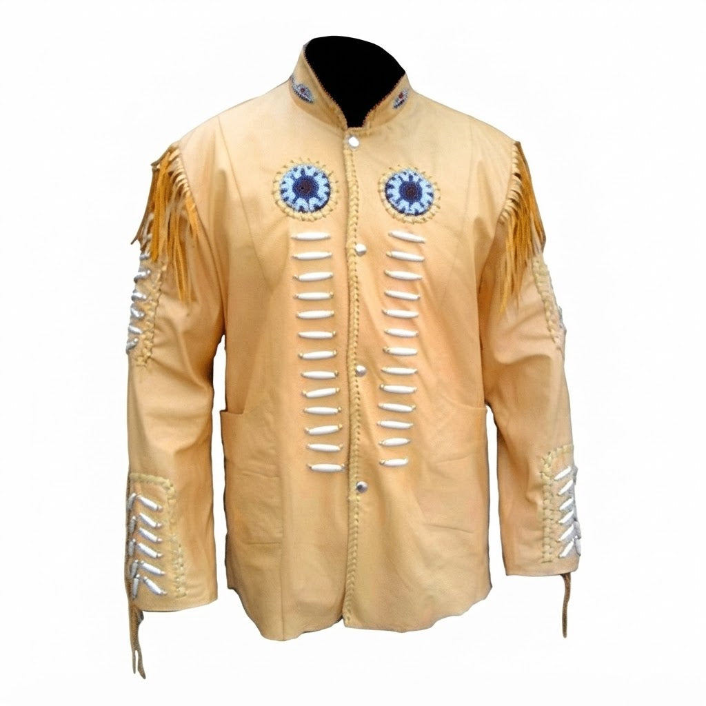 A beige suede or leather jacket with fringe on the sleeves, white decorative bead work and stitching on the front, and blue circular chest emblems, displayed on a black mannequin torso against a white background.