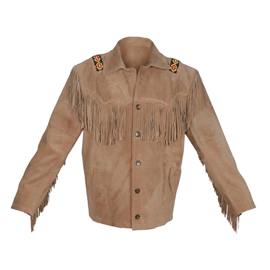 A beige suede fringed jacket with decorative embroidered details on the shoulders, displayed against a solid white background.