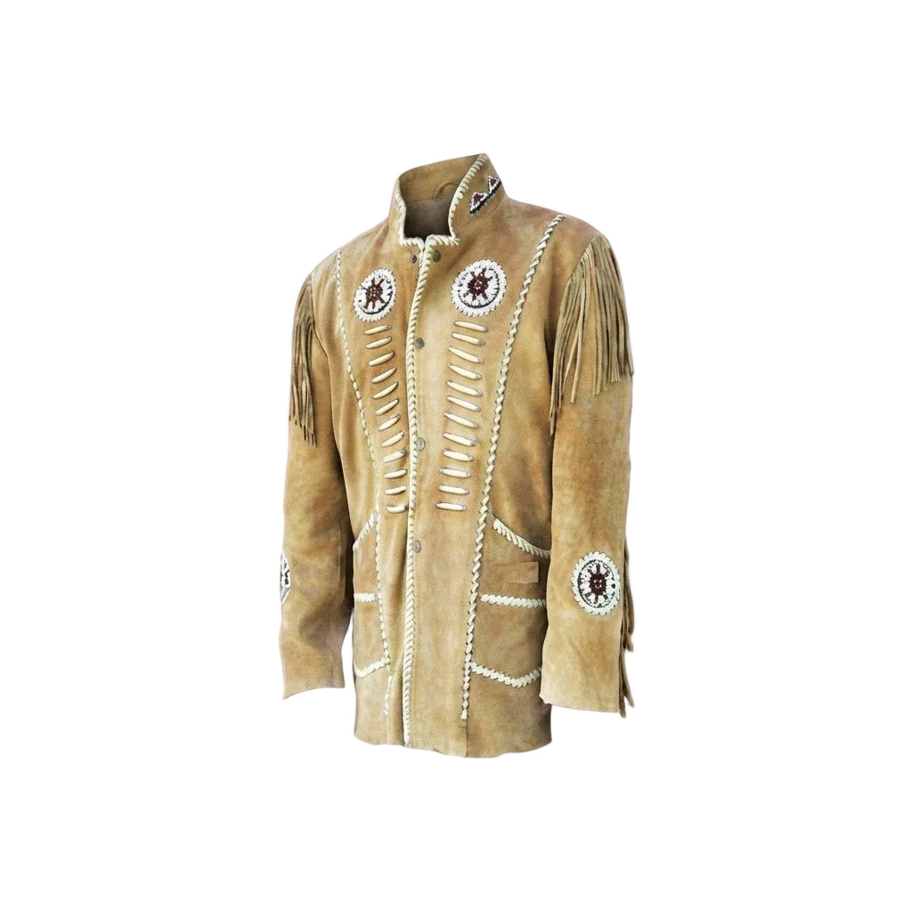 A beige suede leather fringed jacket with bead work on white background