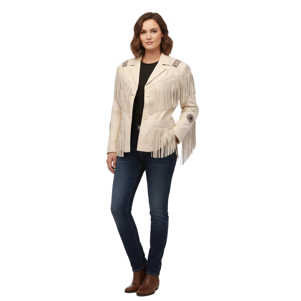 Woman wearing a beige fringed jacket on a white background