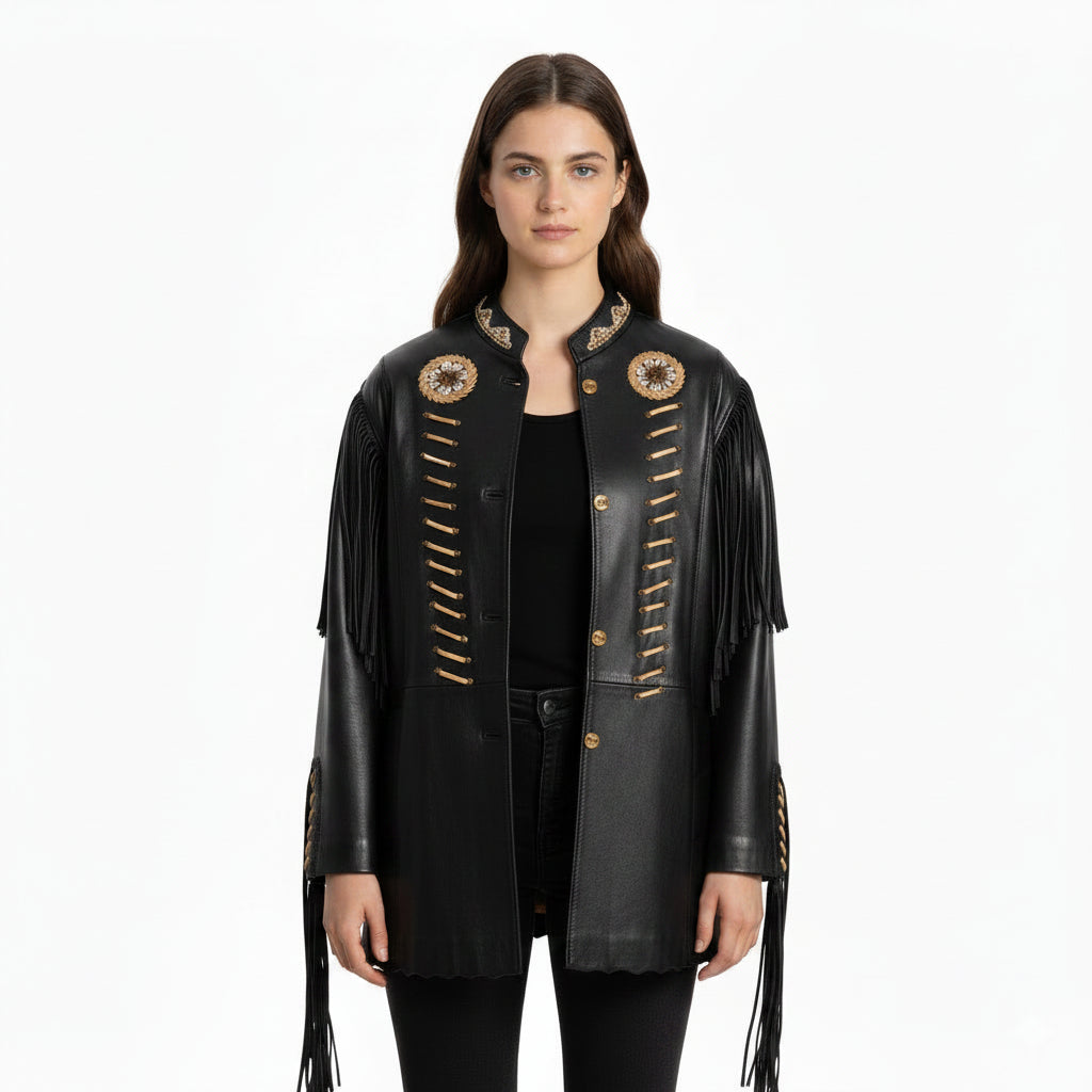 long fringe black leather jacket for women