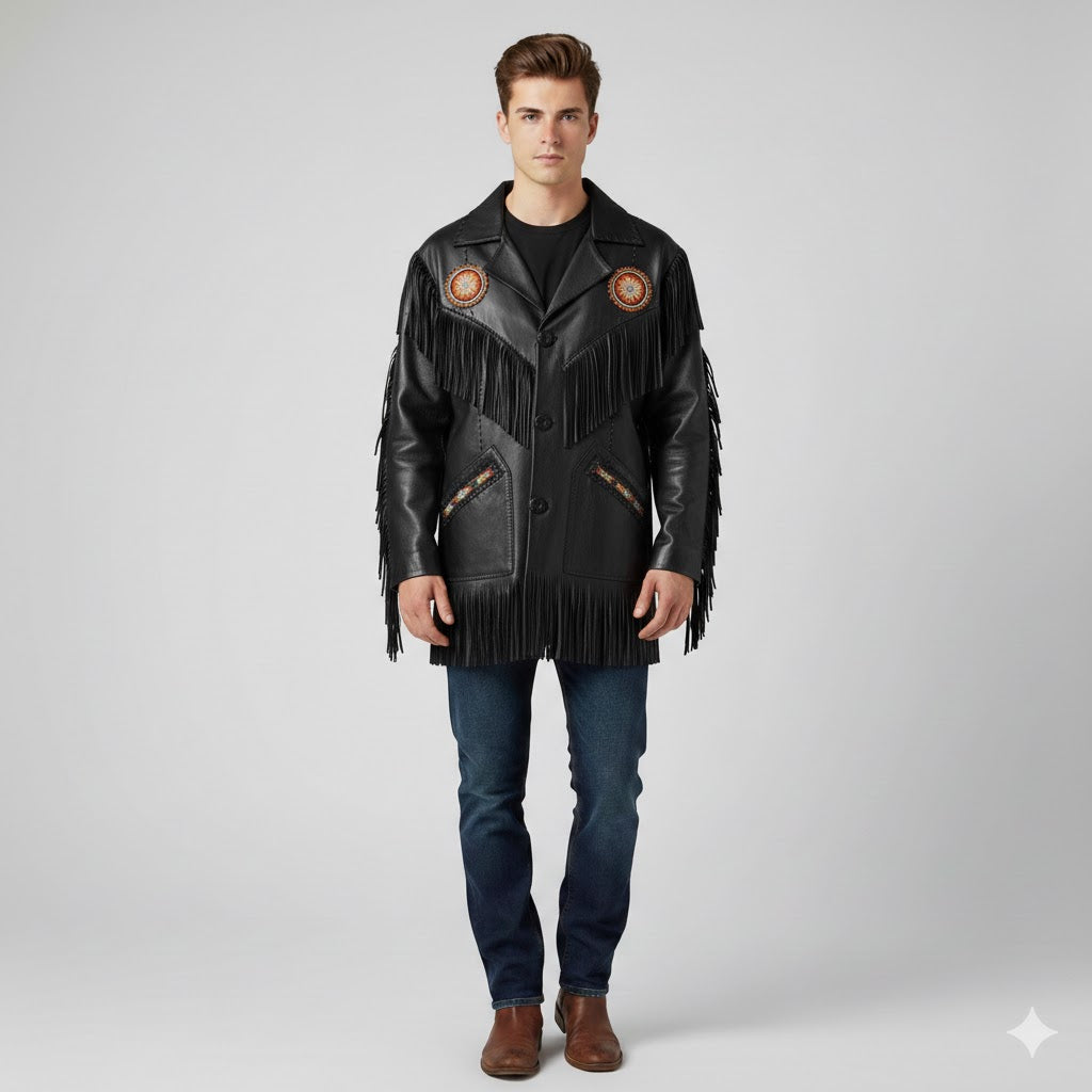 Black Fringe Leather Jacket With Beads Cowboy Jacket For Men MJ321