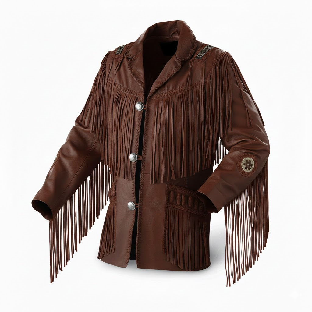 Western Grey Leather Fringe Beaded Jacket Cowboy Jacket LWJ502