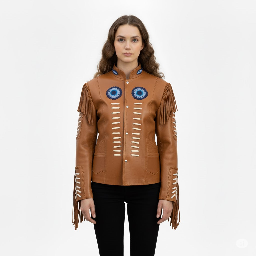 Brown leather jacket with fringe and eye design on a white background