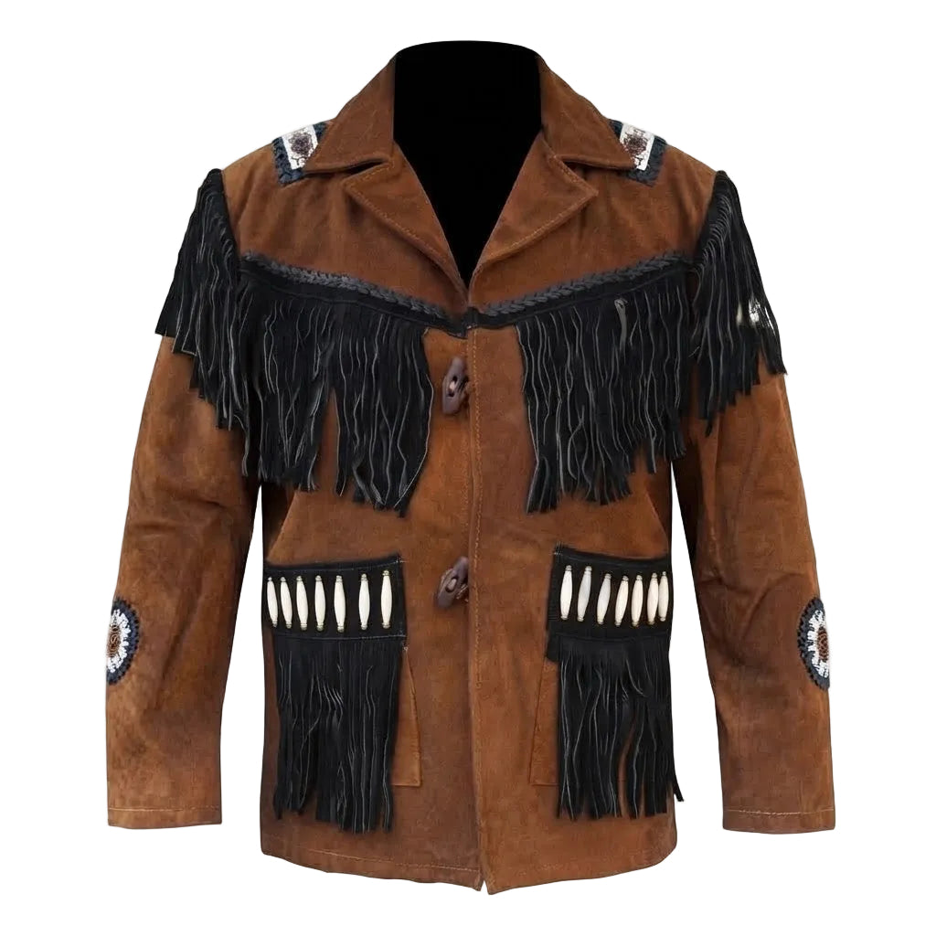 A brown suede jacket with black fringe trim across the chest and sleeves, decorative beadwork, and front buttons, displayed on a black mannequin torso against a white background.