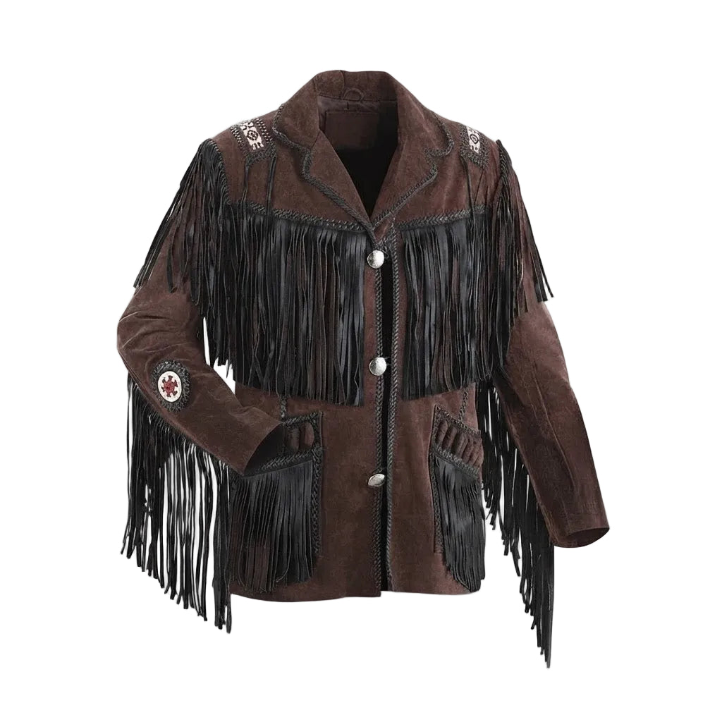 A brown suede and leather fringed jacket with silver buttons and decorative patches, shown on a plain white background.