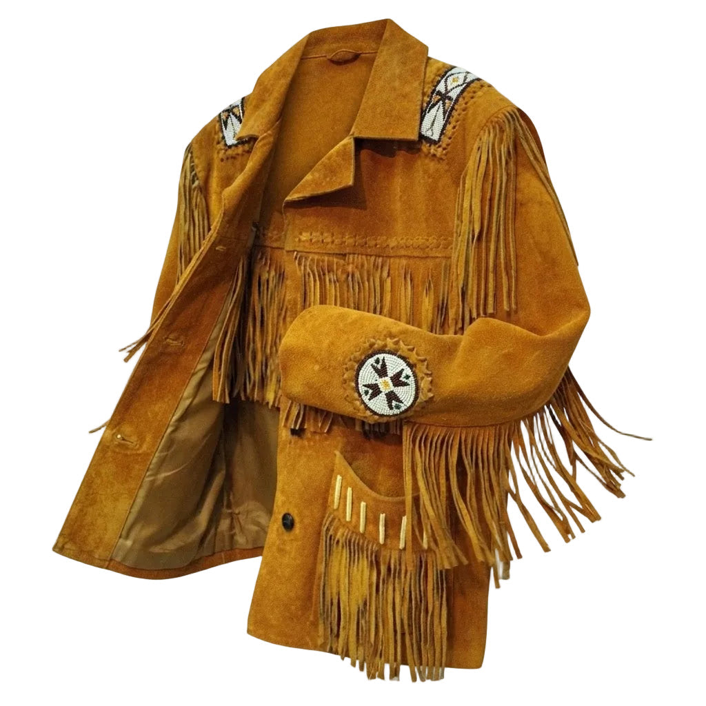 A brown suede fringe jacket with Native American-inspired bead work and a circular star patch on the sleeve, shown against a plain white background.