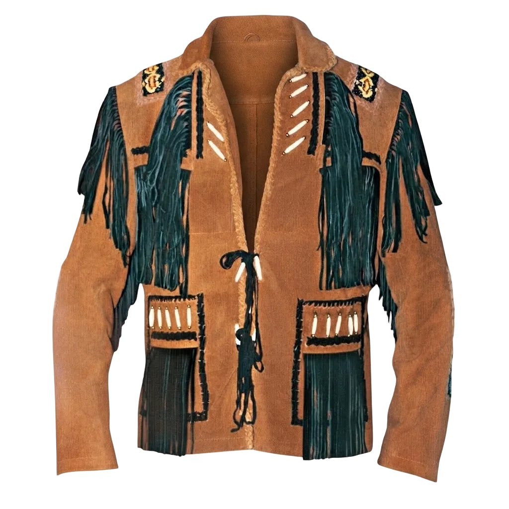 A brown suede fringed jacket with dark green fringe, white decorative stitching, and embroidered details on the shoulders, shown against a plain white background.
