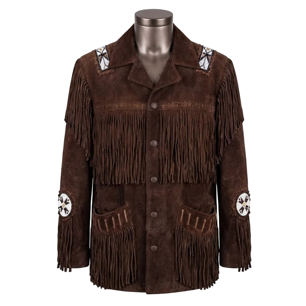 A dark brown suede fringed jacket with silver and white beaded details on the shoulders and cuffs, displayed on a mannequin torso against a white background.